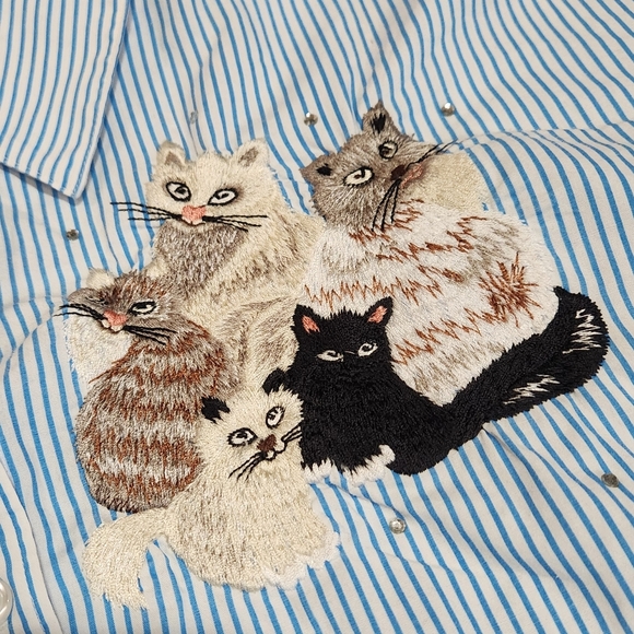 Quacker Factory Blue Striped Cat Embroidered Shirt Size 3x - Picture 5 of 16